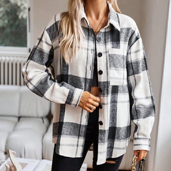 Black and White Casual Womens Plaid Print Drop Shoulder Shirt - Picture 2 of 7